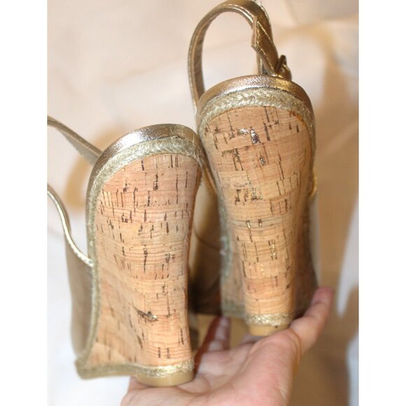 Lilly Pulitzer Krisie Wedge sandals Metallic Gold Leather 10 Slingback Peep Toe - Picture 5 of 8